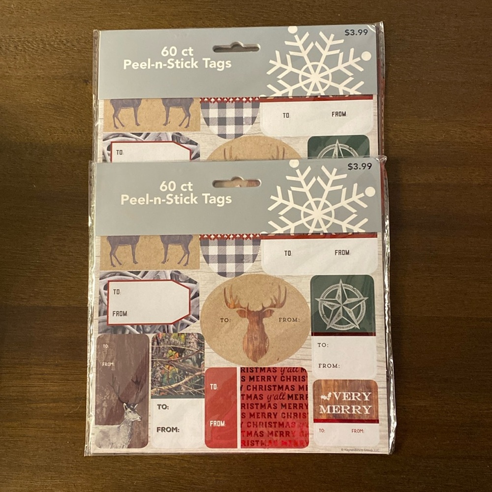 (2) Deer Camo Merry Christmas Y’all Bella Bug 60 ct Peel-n-Stick Tags (2019)